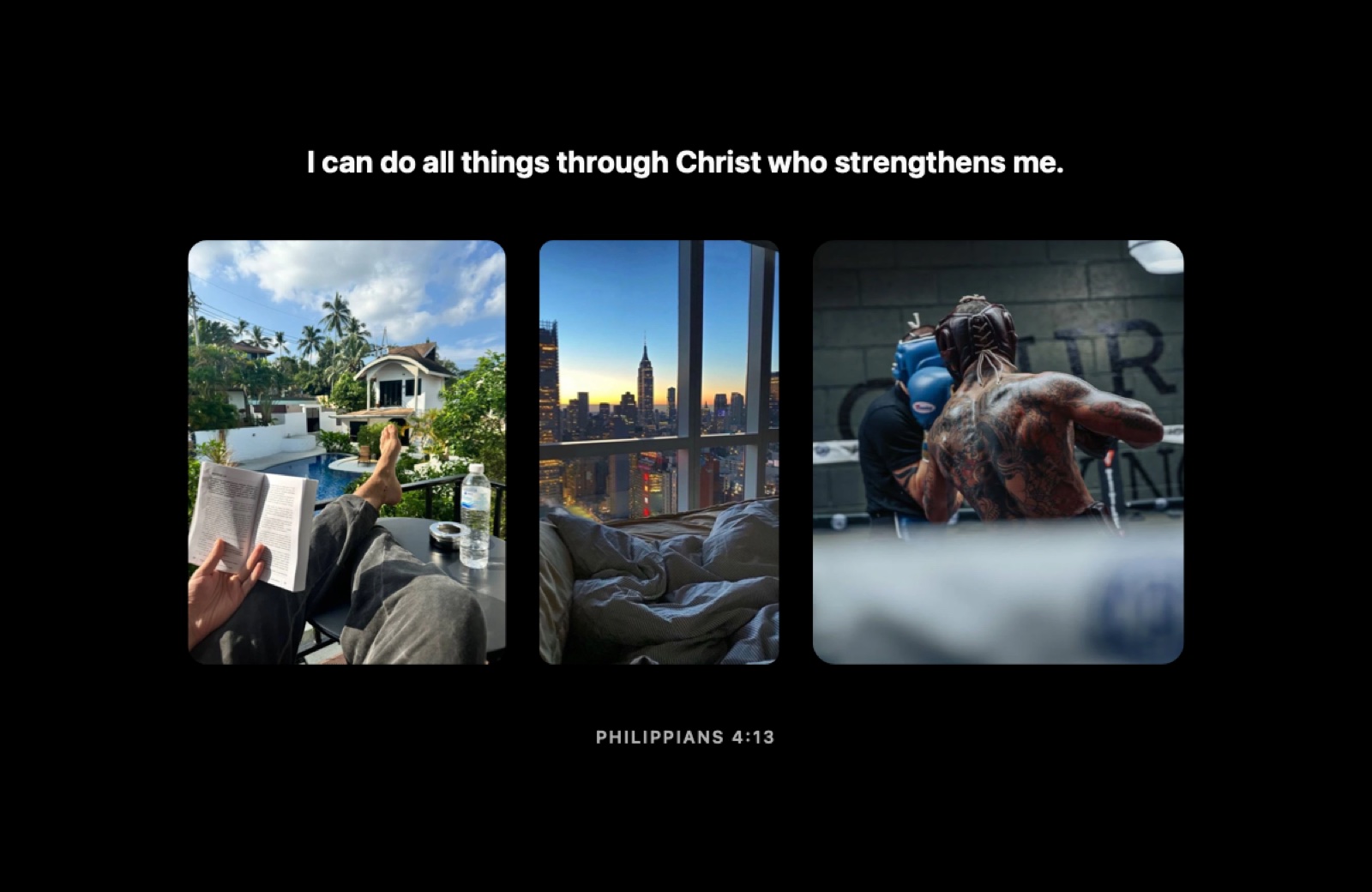 Wallpaper “Freedom”: Philippians 4:13 above three rounded photos on black