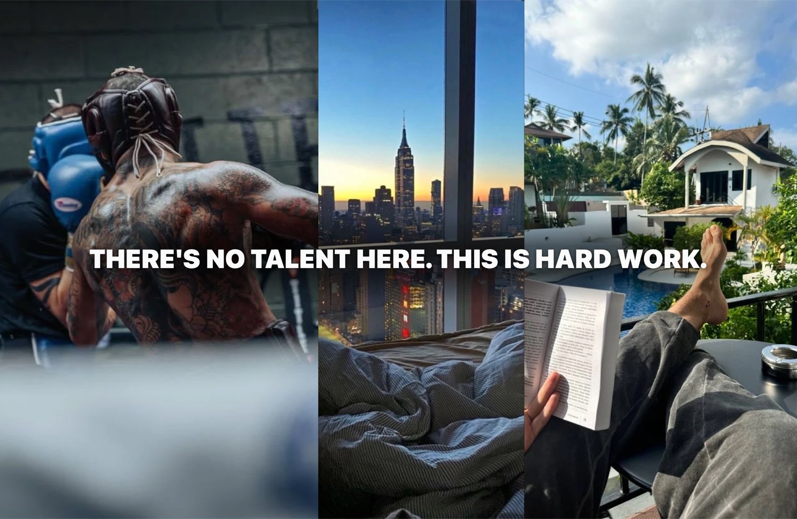 Wallpaper “Lock in”: THERE’S NO TALENT HERE. THIS IS HARD WORK. over a boxing photo, a city view at dusk and a pool balcony